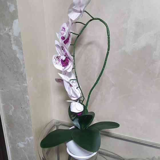 Штучна латексна орхідея VIP у білому керамічному кашпо на одну гілку біло-бузкова Дніпро