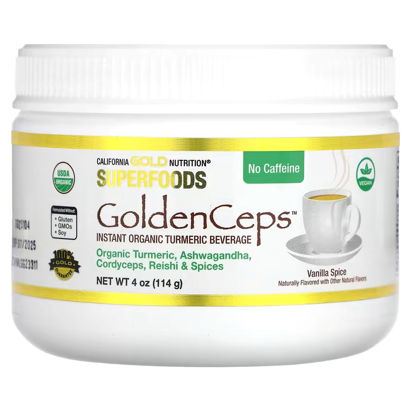 Смесь суперфудов California Gold Nutrition GoldenCeps, Organic Turmeric with Ashwagandha, Cordyceps, and Reishi 114 g Луцк - изображение 1