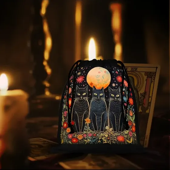 Мішечок для Таро, рун і кристалів «Три чорні коти та місяць» – містичний окультний аксесуар Київ