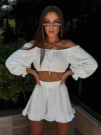 Женский легкий романтичный костюм двойка: топ и шорты американский креп жатка Одесса