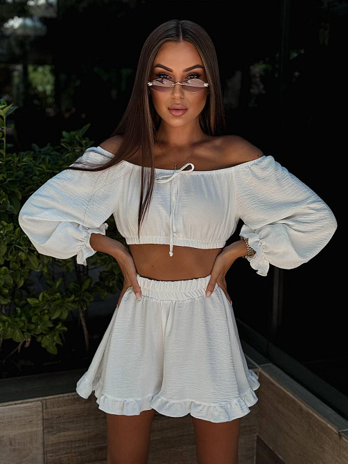 Женский легкий романтичный костюм двойка: топ и шорты американский креп жатка Одесса - изображение 3