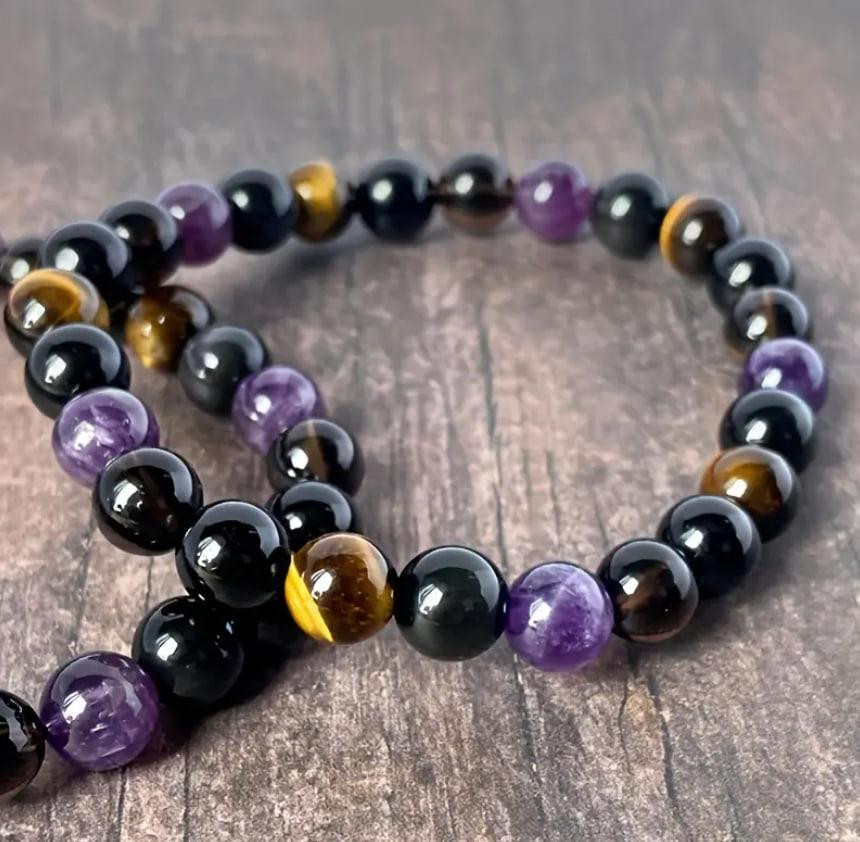 Защитный браслет из натуральных камней | Тигровый глаз, обсидиан, дымчатый кварц, аметист | Защита о Киев - изображение 1