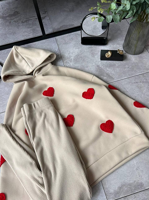 Женский теплый прогулочный костюм двойка с сердечками трехнить на флисе + ангора рубчик Беж, 46/48 Одесса - изображение 3