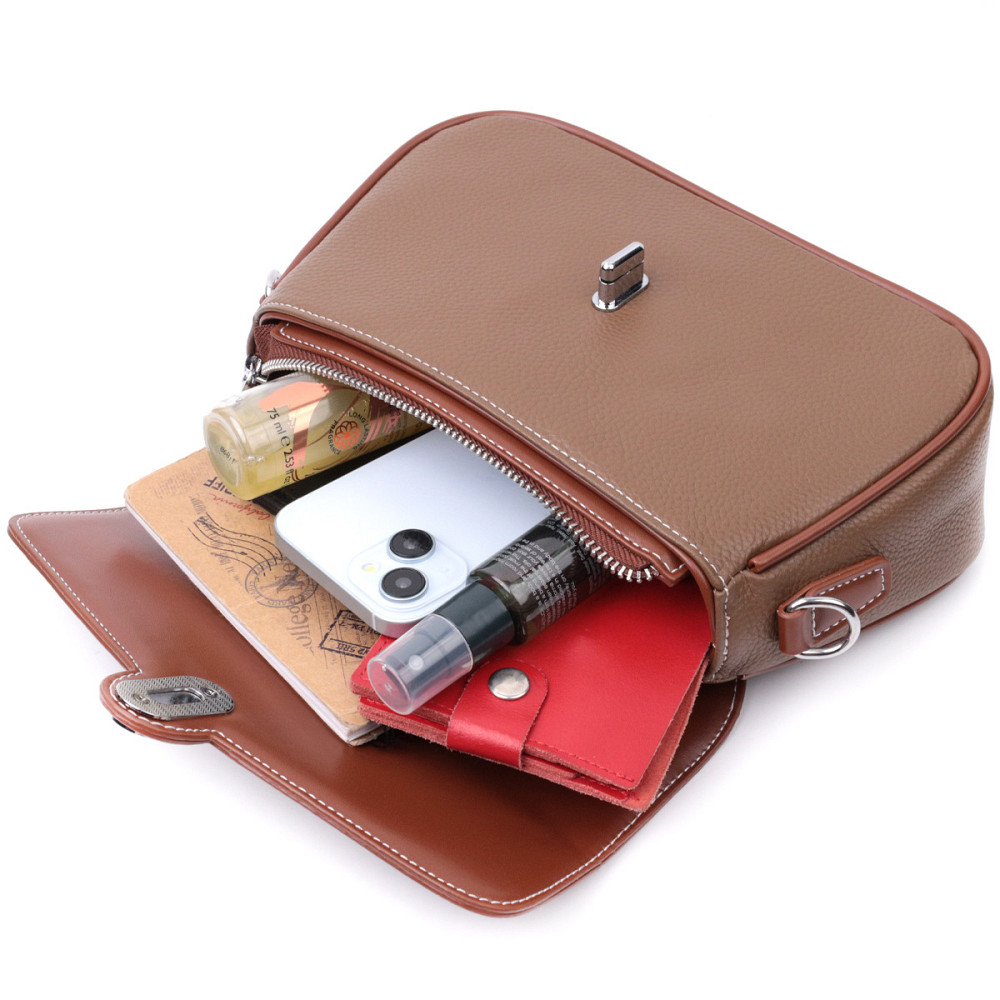 Жіноча сумка з фактурним клапаном з натуральної шкіри Vintage 22621 Коричнева Київ - фото 10