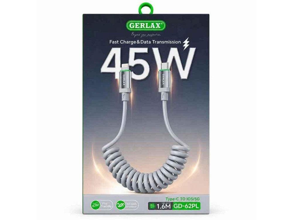 Кабель Type С-Lightning iPhone PD GD-62PL 9A 45W пружинка TPU сірий 1.6м ТМ GERLAX Київ - фото 1
