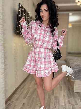Жіночий стильний костюм-двійка: сорочка та спідниця в клітинку бавовна тіар Рожевий, 46/48 Одеса