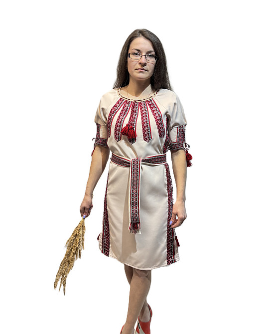 Жіноче вишите святкове плаття бежеве з шнурівкою, що регулюється, з боків 44 Київ - фото 1