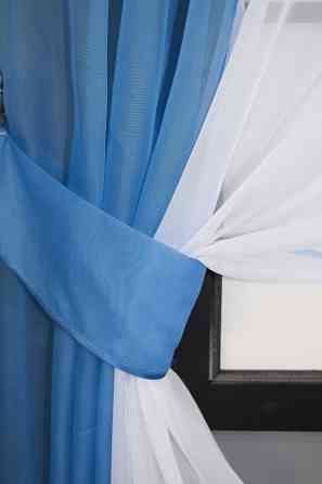 Кухонные шторы VR-Textil № 017к комбинированные с подвязками голубой с белым 265х170 см (50-010) Киев