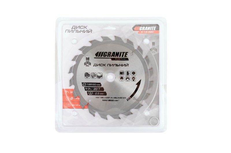 Диск пильний GRANITE для дерева з твердосплавними напайками 185х20х20Т адаптер 20-16 8200 об/хв 5-18-520 Рівне - фото 2