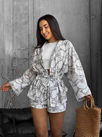 Женский летний принтованный костюм двойка: рубашка-кимоно и шорты софт Одесса