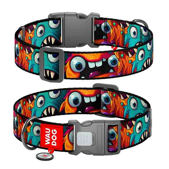 Нашийник для собак нейлоновий WAUDOG Nylon з QR паспортом, малюнок "Зубасті монстри", пластиков Коломия