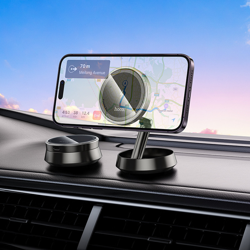 Автодержатель для телефона с БЗУ HOCO HW33 Metal ring magnetic wireless fast charging car holder (center console) Metal Grey Киев - изображение 8