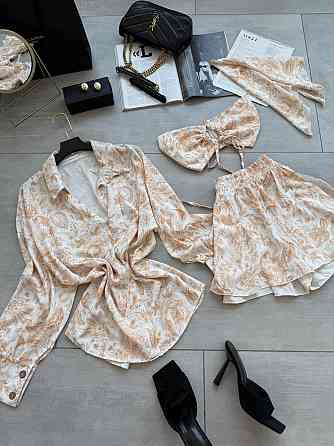 Жіночий літній принтований костюм четверка: хустка, кроп-топ, сорочка та шорти штапель/софт Беж Одеса