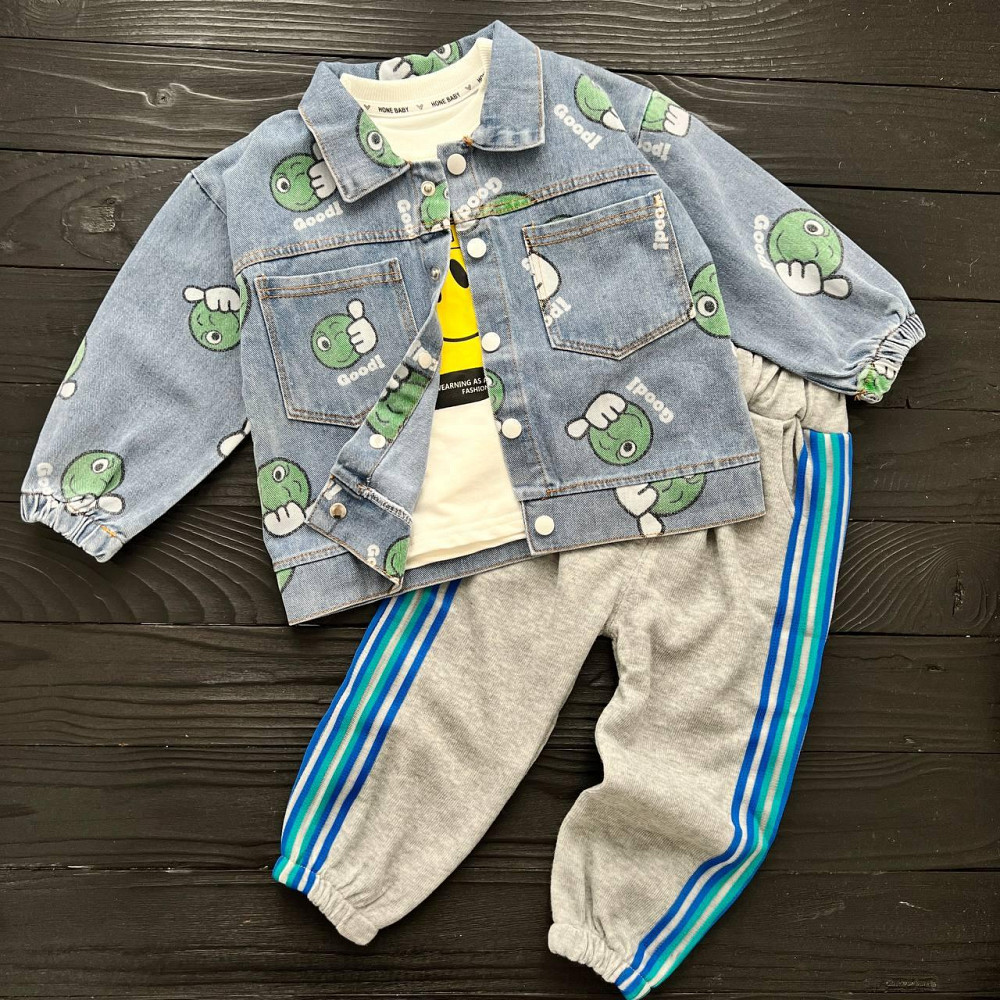 Дитячий Костюм Трійка (Реглан + Джинсовка + Штани) Зелений Hone Baby 120 пакунок малюка Киев - изображение 1