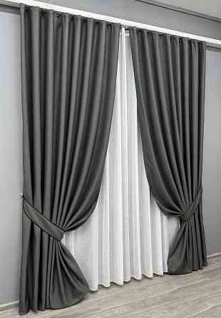 Комплект штор VR-Textil рогожка преміум TERRA LUXE 100х270 2шт і Тюль 300х270 1857ш-115т графітовий з білим 71-075/1 Київ