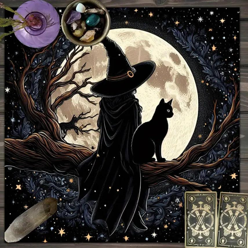 Вівтарна скатертина 49×49 см з відьмою, котом і повним місяцем — для Таро, рун і ритуалів Київ - фото 4