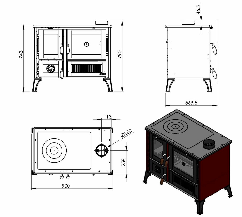 Піч-кухня з чавунною топкою на дровах Hosseven 4013 червона опалювально-варильна буржуйка 8 кВт до 60 м2 верхній димохід Туреччина Тернопіль - фото 18