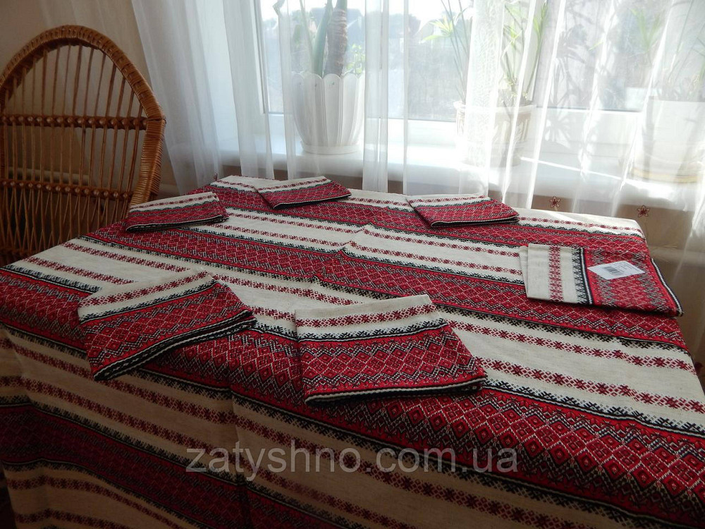 Красный  комплект скатерти и салфеток на льне Киев - изображение 2