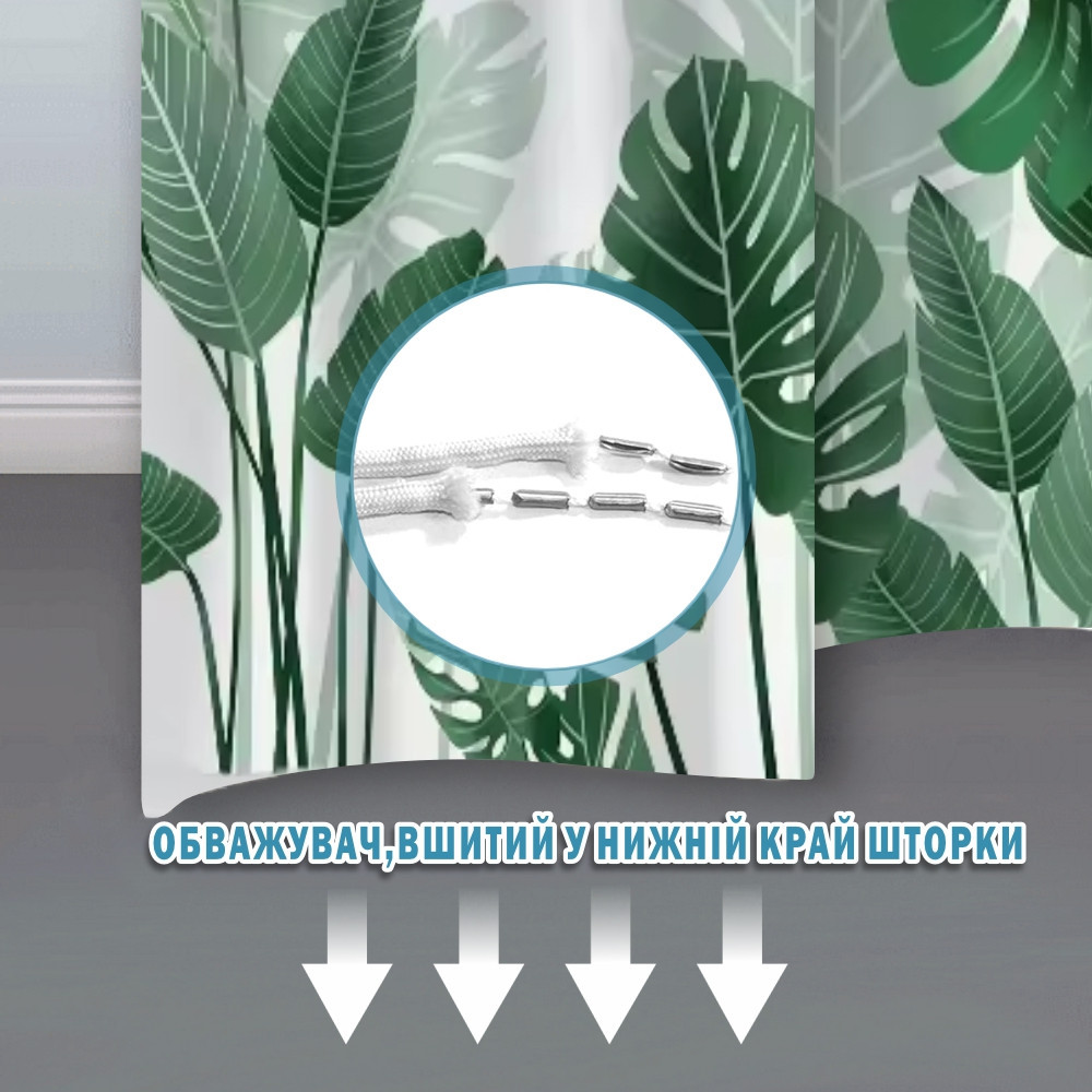 Тканинна шторка-фіранка для ванної Aquarius 180 х 180 см з кільцями - Зелене листя - 100% поліестер Буча - фото 5