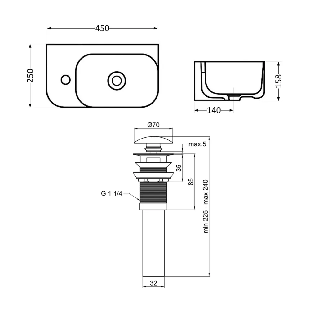 Комплект Qtap Tern: Раковина подвесная прямоугольная левая 450х250х158 мм White + Донный клапан PU02O Киев - изображение 9