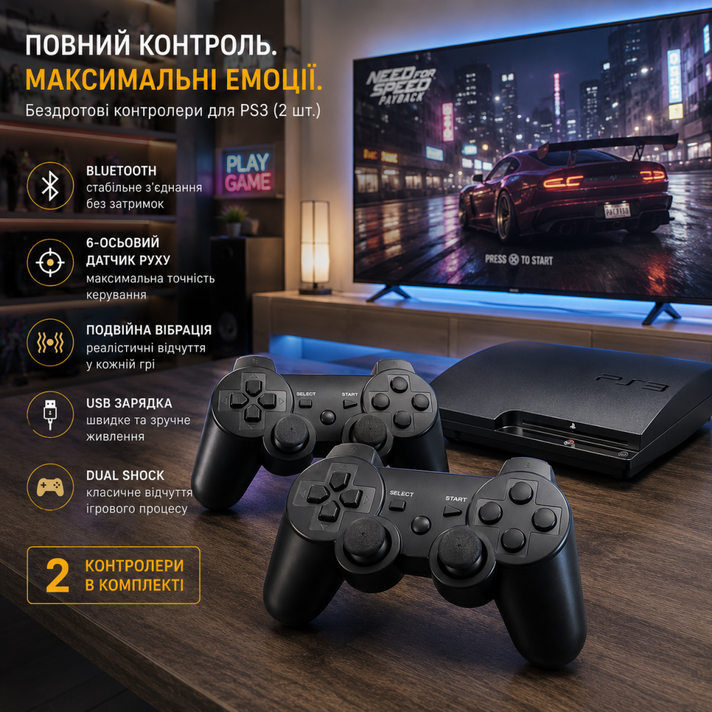 Бездротові контролери для PS3 (2 шт.) Bluetooth, Dual Shock, 6-осьовий датчик руху, вібрація, USB, чорні Київ - фото 7