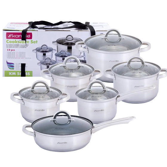 Набір каструль 12 предметів (ківш 1,8л/сковорідка d24см/каструлі 1,8/2,5/3,8/5,8л) 5634S KAMILLE Житомир - фото 1