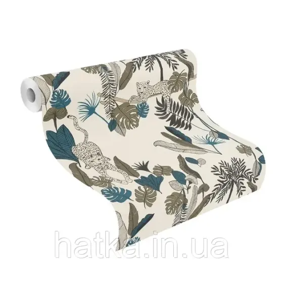 Шпалери вінілові на флізеліні Rasch Clasik 0,53х10 дитячі звірі тигри пальми квіти листя чорні бірюзові на білому Київ