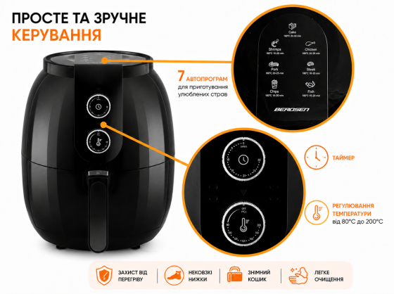 Аэрофритюрница 3,6 л без масла Berdsen BD-650 1300 Вт | Мультипечь Air Fryer | Фритюрница с горячим воздухом Киев
