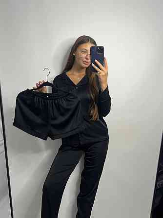 Комплект шовковий трійка сорочка з шортами і штанами Чорний ч/к XL Харків