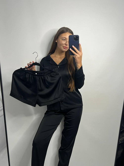 Комплект шовковий трійка сорочка з шортами і штанами Чорний ч/к XL Харків - фото 1