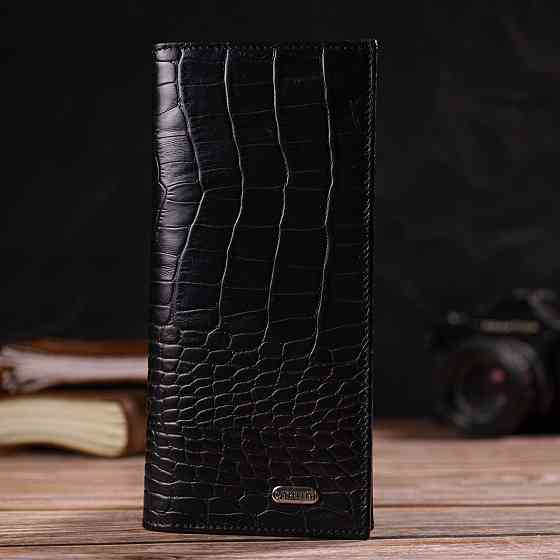 Привлекательный вертикальный мужской бумажник из натуральной кожи с тиснением под крокодила Черный (CANPELLINI) Киев