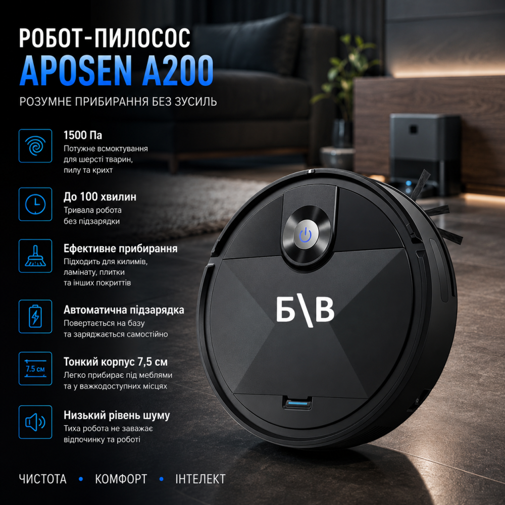 Робот-пылесос APOSEN A200 1500 Па для шерсти животных и ковров, автоматический смарт-пылесос с саморазрядкой, до 100 минут (Б/У) Киев - изображение 12