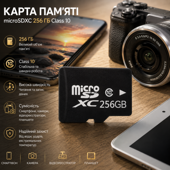 Карта памяти microSDXC 256 ГБ Class 10, microSD для смартфона, камеры, видеорегистратора и планшета Киев