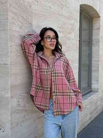 Женская теплая рубашка свободного кроя в клетку турецкая байка Розовый, 46/48 Одесса