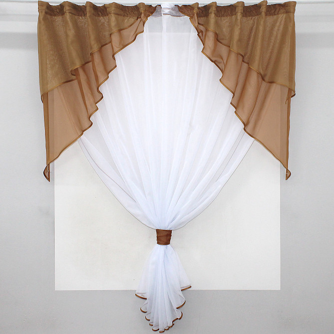 Кухонная занавеска VR-Textil № 114к ламбрекен и тюль коричневый с белым 280х170 см (52-0595) Киев - изображение 1