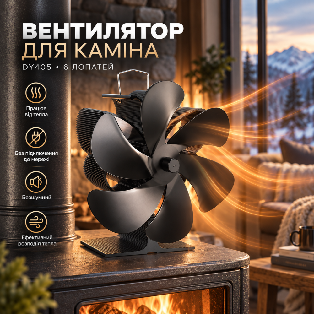 Вентилятор для каміна термодинамічний DY405 на 6 лопатей: Тепловентилятор для печі без електрики, безшумний, анодований алюміній Київ - фото 6
