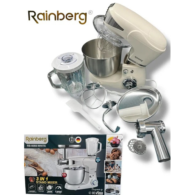 Универсальный кухонный комбайн Rainberg RB-8088 6л мясорубка, блендер 3600Вт Планетарный тестомес White EO-37 Львов - изображение 1