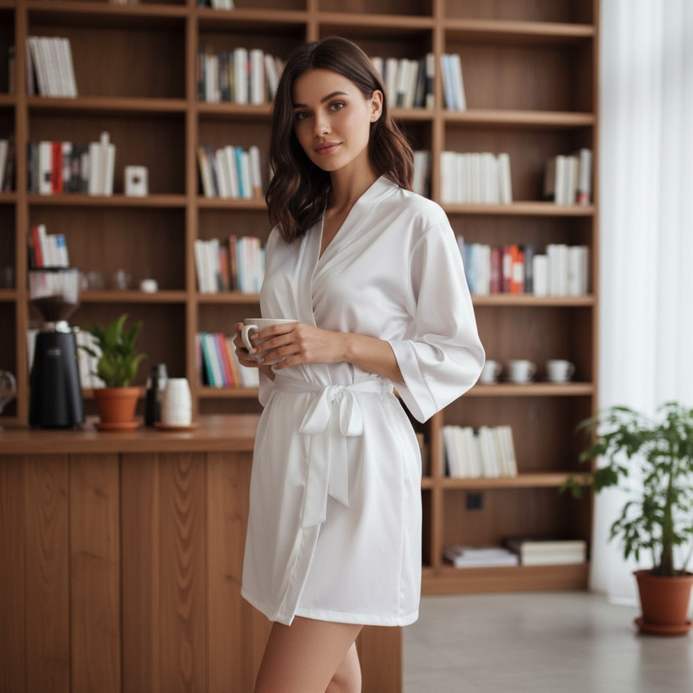 Халат женский шелковый под пояс длина 90см Белый M/L Харьков - изображение 2