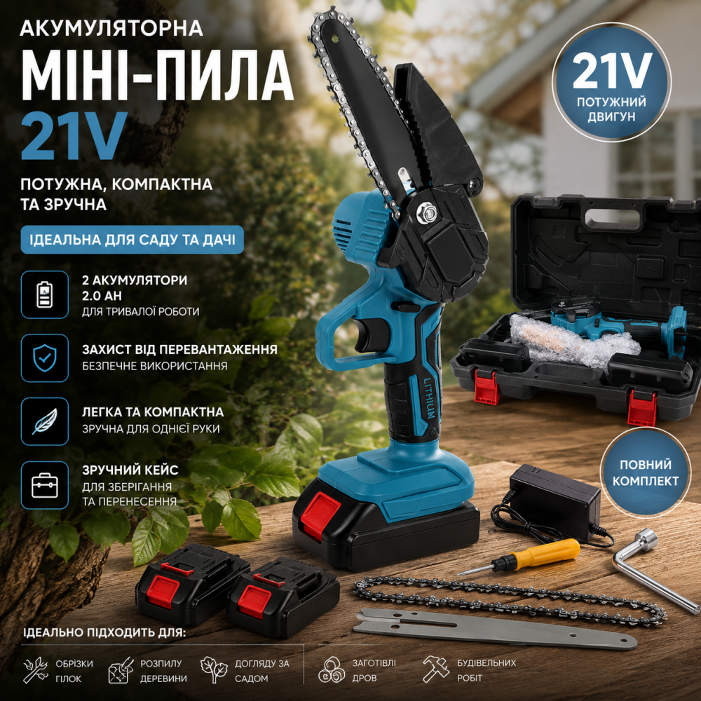 Акумуляторна міні-пила для саду 21V, 2 акумулятори 2.0 Ah, ручна ланцюгова мініпила в кейсі, портативна електропила Київ - фото 6