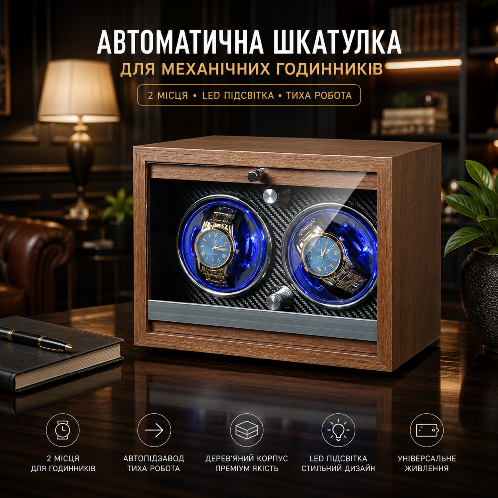 Автоматична шкатулка для механічних годинників 2 місця Watch Winder дерев'яний ротатор для автопідзаводу Київ - фото 5