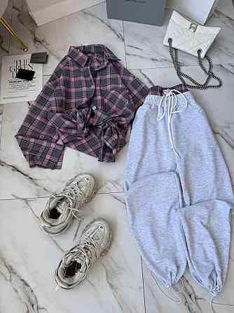 Женский стильный прогулочный костюм двойка: рубашка и штаны фланель + двунитка Розовый, 48/52 Одесса