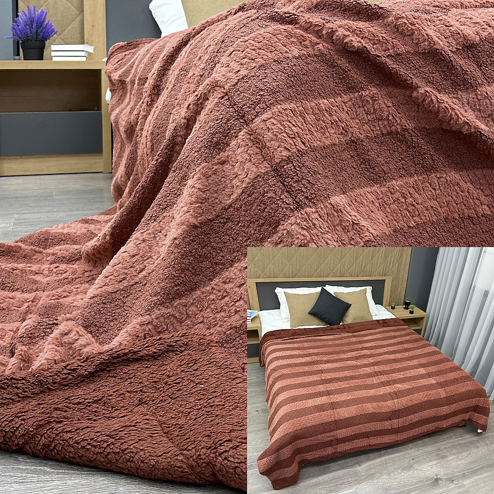 Плед 200х230 см (+-10см) Рогожка на овчині "Тедді" колір бургунді (87-294) Київ - фото 1