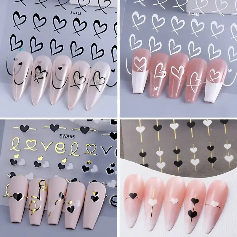 Набор наклеек для ногтей с сердцами и золотыми линиями — 4 листа, самоклеящиеся Киев - изображение 8