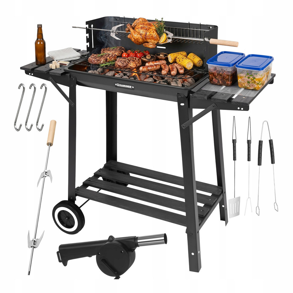 Садовий вугільний гриль на колесах із вертелом та аксесуарами Kaminer (27320) Нововолинськ - фото 1