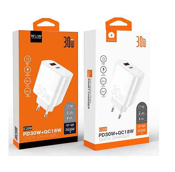 Мережевий зарядний пристрій WUW-C208 30W PD USB-C + USB QC3.0 18W white 6972573333417 Одеса
