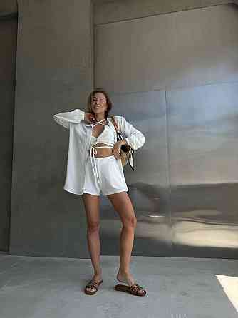 Жіночий літній костюм-трійка: сорочка топ і шорти креп жатка Молочний, 42/44 Одеса