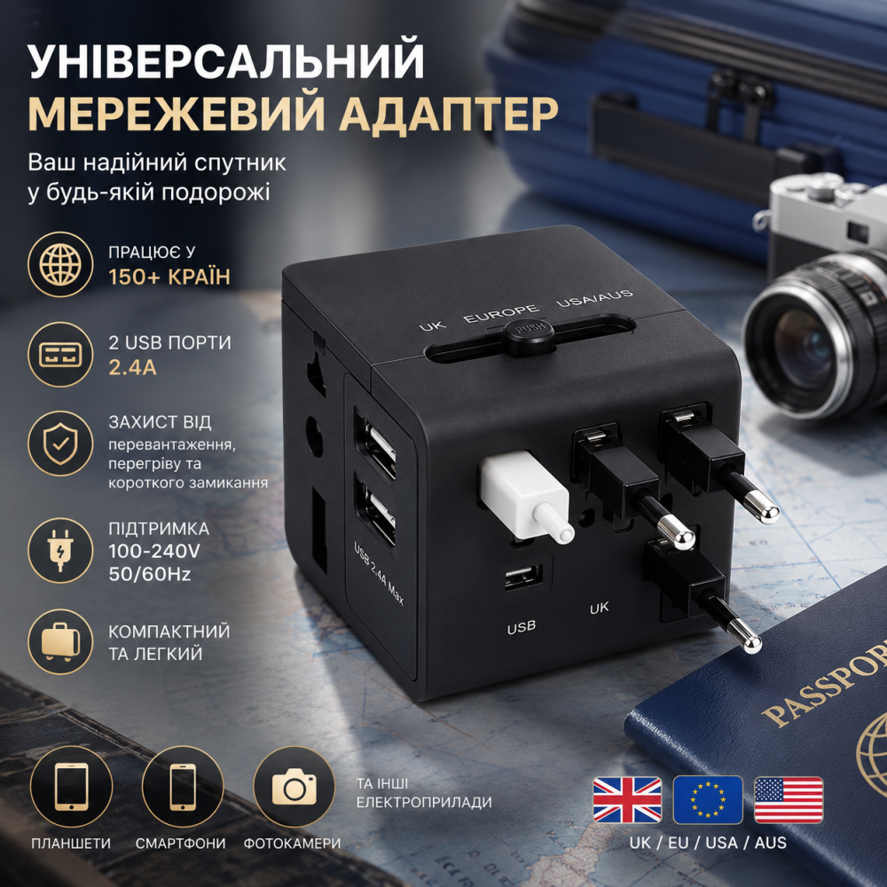 Універсальний мережевий адаптер PowerPlant — 150+ країн, 2xUSB (2.4A), ідеальний для подорожей Київ - фото 5