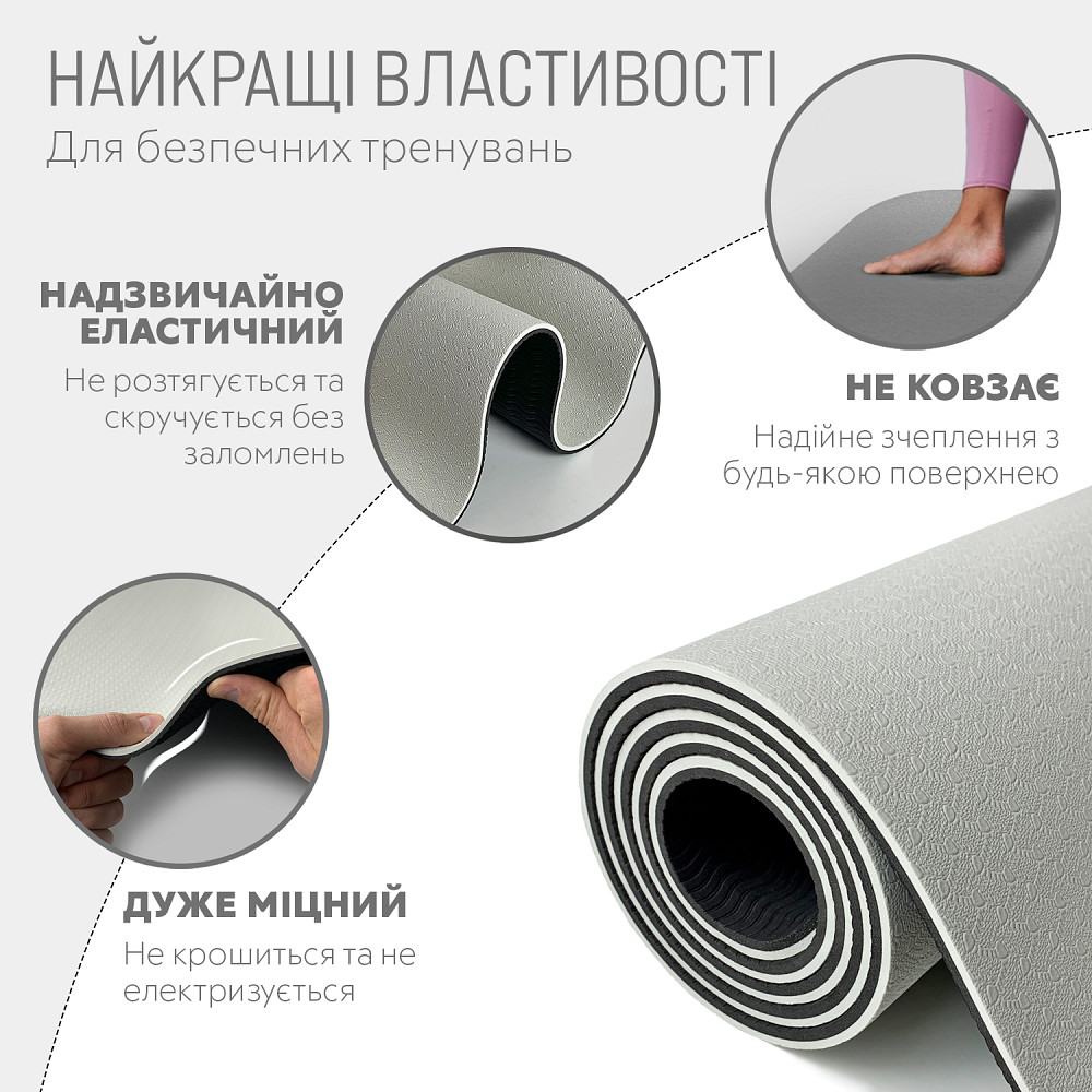 EasyFit Килимок для йоги та фітнесу EasyFit TPE+TC 6мм двошаровий сірий-чорний Коломия - фото 3