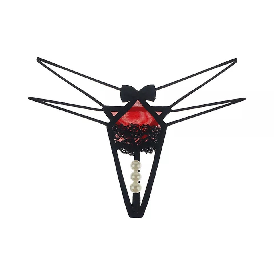 Трусики з вирізом та перлами чорно-червоні - розмір універсальний, резинка до 92см Київ - фото 1