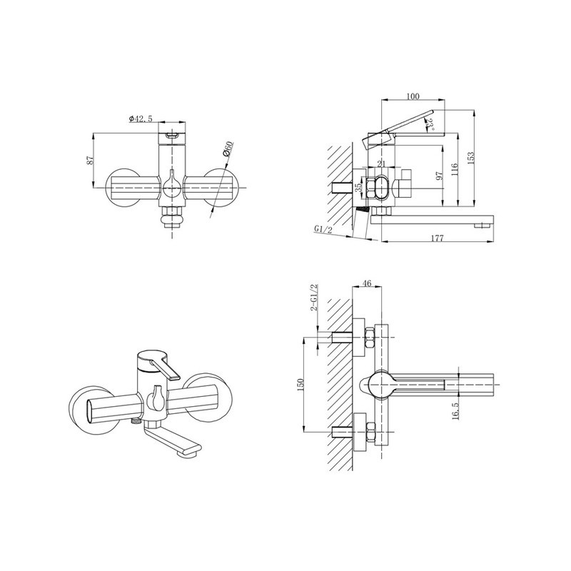 Змішувач для ванни Mixxus Lord 009 Євро Графіт (MI7140) Харків - фото 2